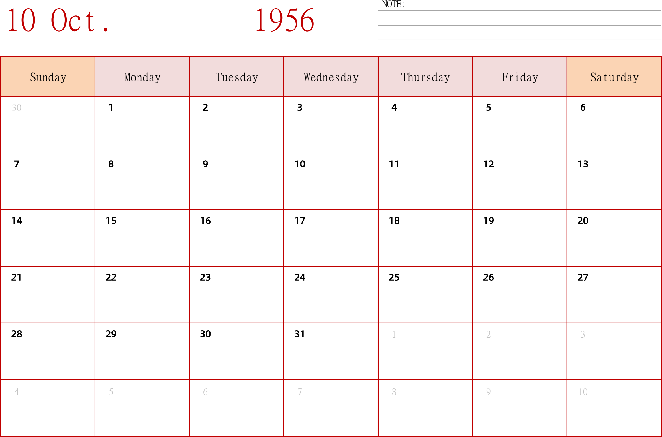 日历表1956年日历 英文版 横向排版 周日开始